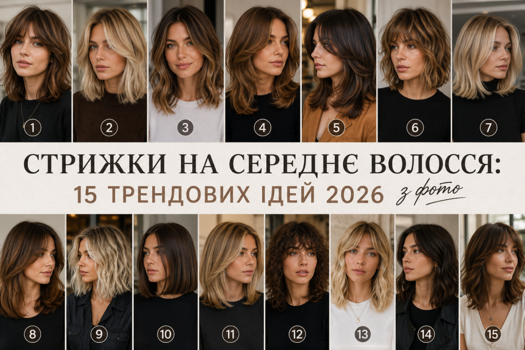 Колаж із 15 варіантів модних стрижок на середнє волосся для жінок з підписами та номерами
