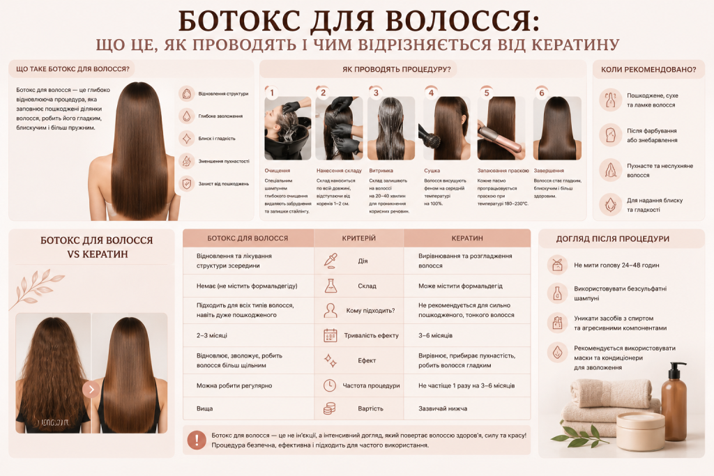 Інфографіка про ботокс для волосся, етапи процедури, порівняння з кератином та поради з догляду після