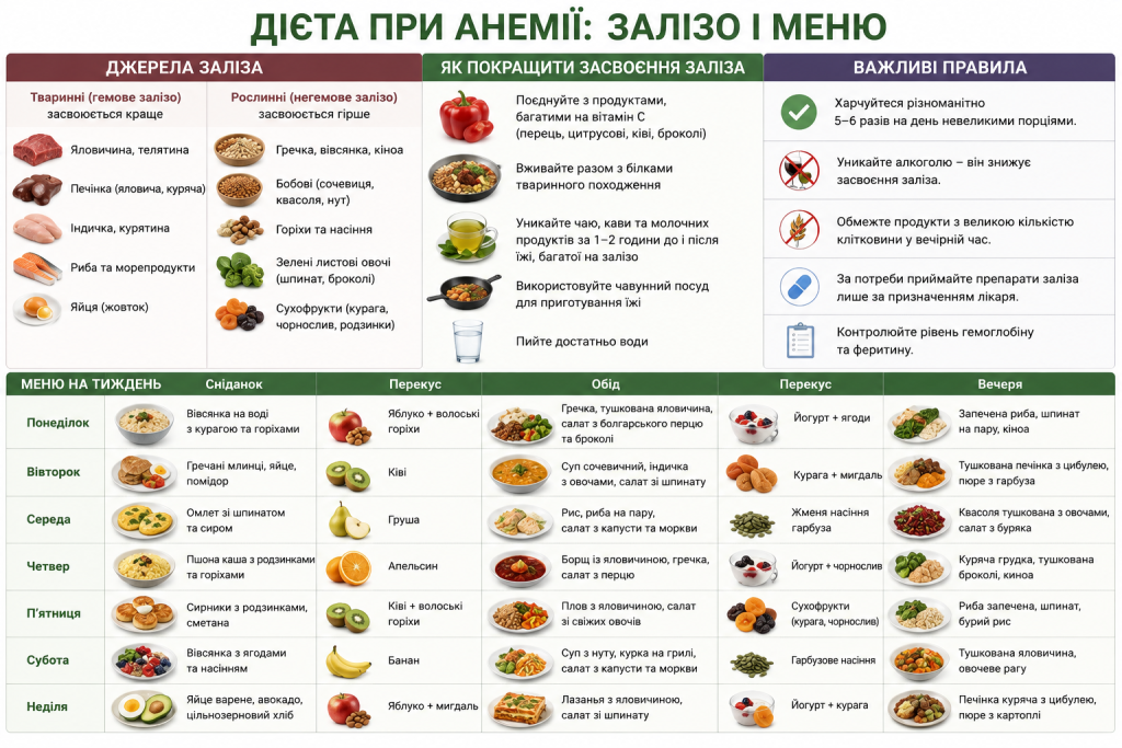 Інфографіка з джерелами заліза та меню на тиждень для лікування анемії