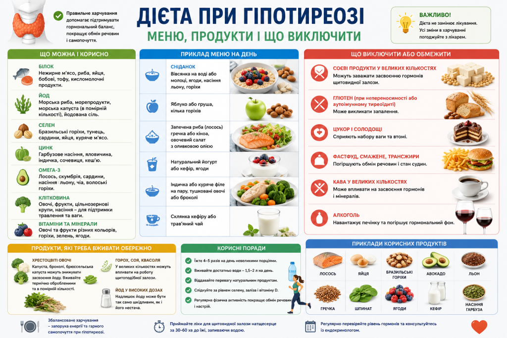 Інфографіка з рекомендованими продуктами, прикладом меню на день та обмеженнями при дієті при гіпотиреозі