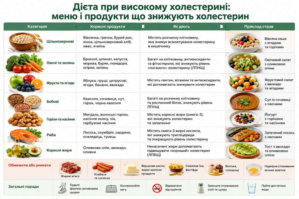 Таблиця з категоріями корисних продуктів, їхньою дією на холестерин та прикладами страв