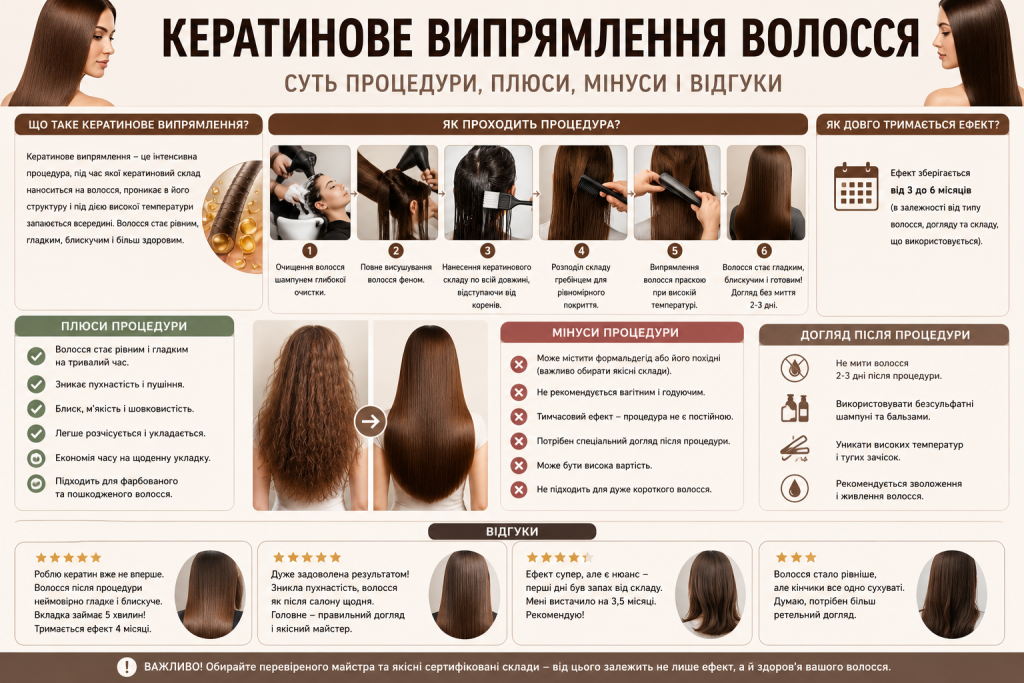 Інфографіка про кератинове випрямлення волосся, етапи процедури, переваги та недоліки