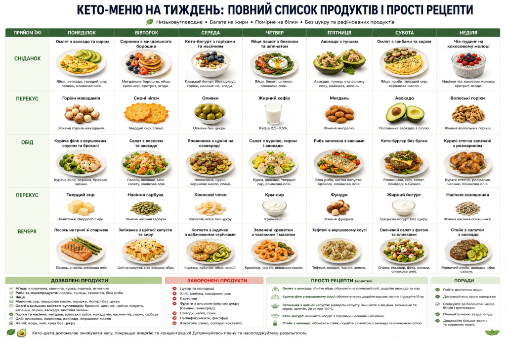 Таблиця з кето-меню на кожен день тижня, дозволеними та забороненими продуктами і простими рецептами