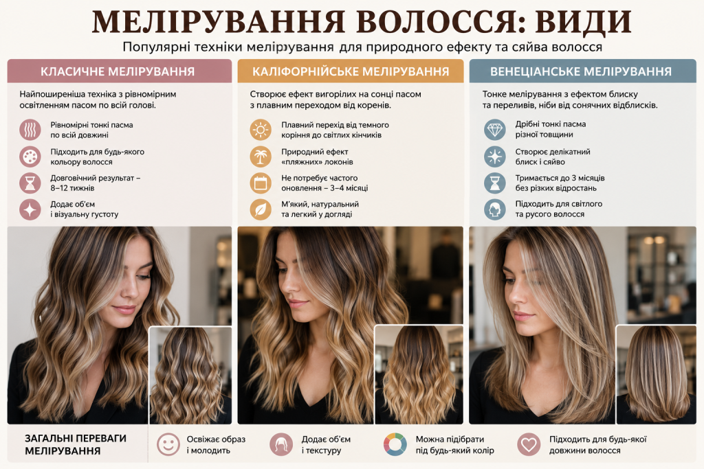 Інфографіка з порівнянням популярних технік мелірування волосся та їхніх особливостей.
