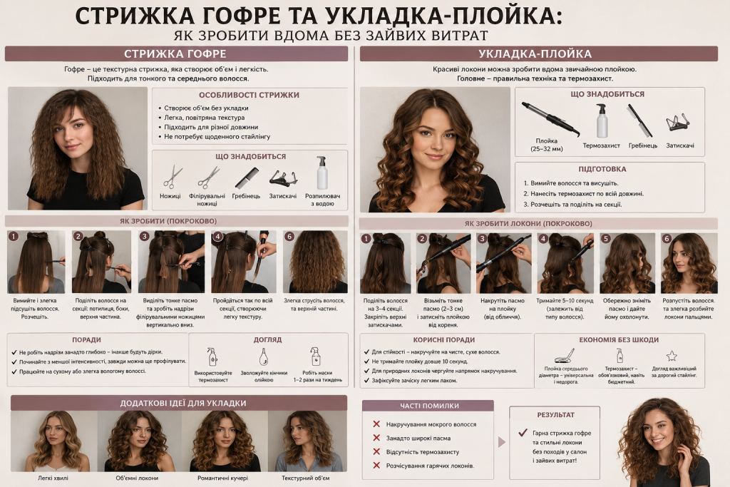 Інфографіка про створення зачіски гофре та локонів плойкою з покроковими інструкціями, порадами щодо укладання та догляду за волоссям.