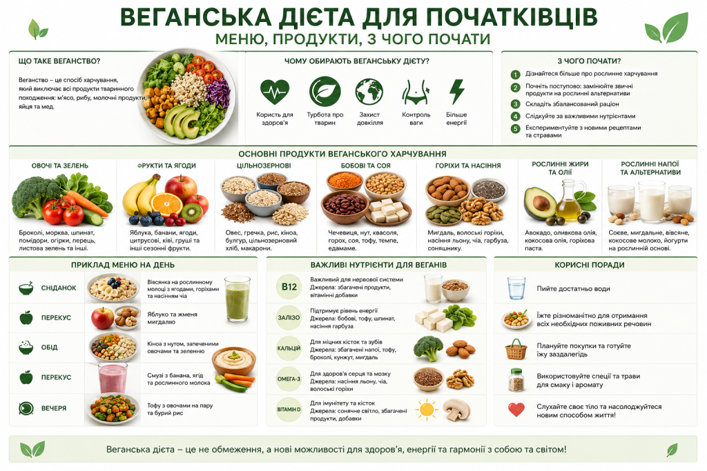 Інфографіка про основи веганського харчування, продукти, приклад меню та важливі нутрієнти для веганів