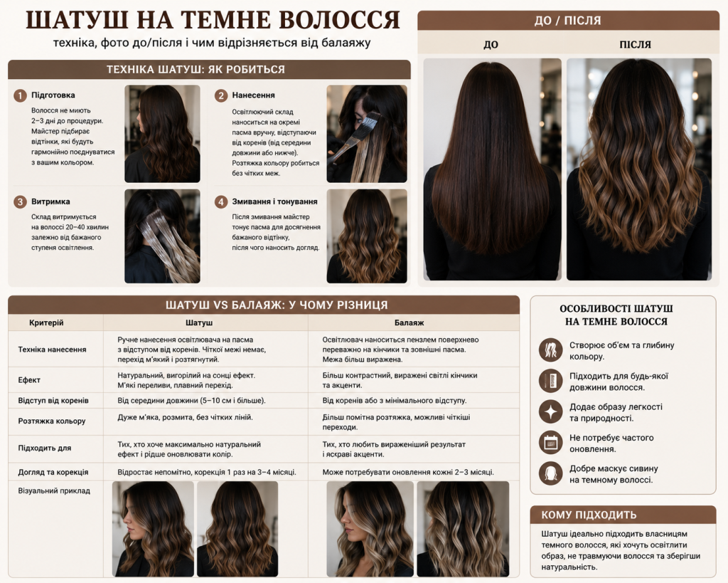 Інфографіка про техніку шатуш на темному волоссі, етапи фарбування, порівняння з балаяжем і фото до та після.