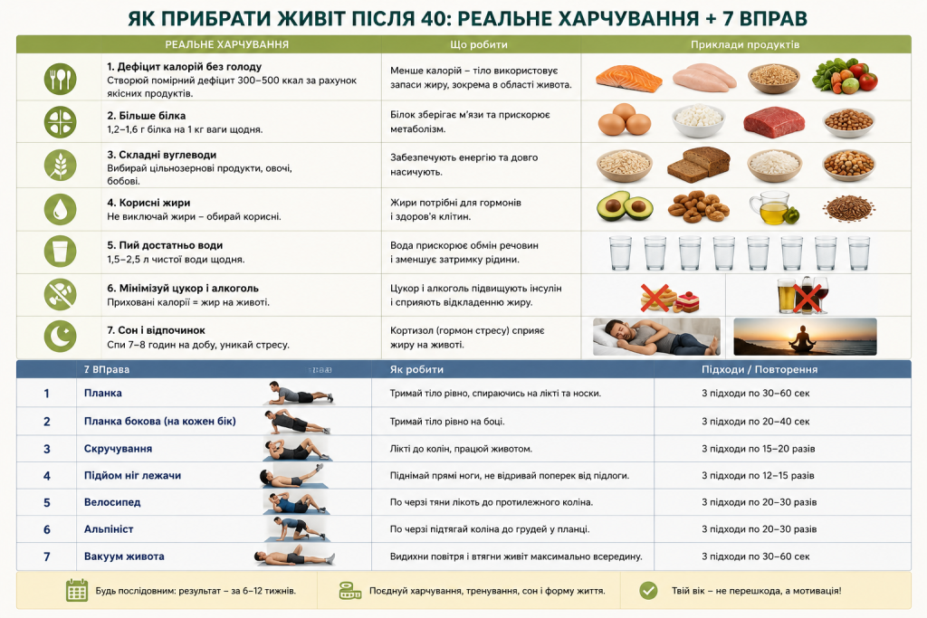 Інфографіка з реальним харчуванням та 7 вправами для схуднення живота після 40 років