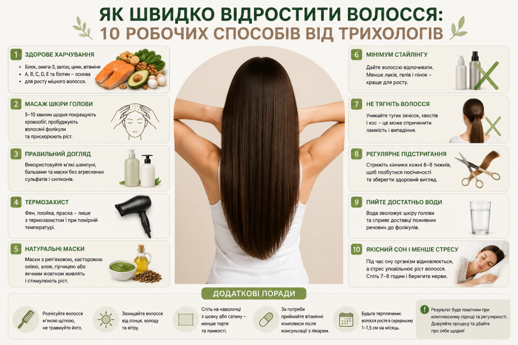 Інфографіка з 10 способами прискорення росту волосся від трихологів