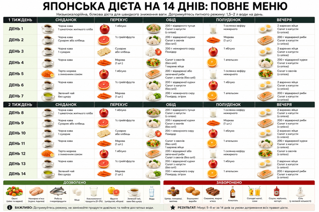 Таблиця з детальним меню японської дієти на 14 днів та переліком дозволених і заборонених продуктів