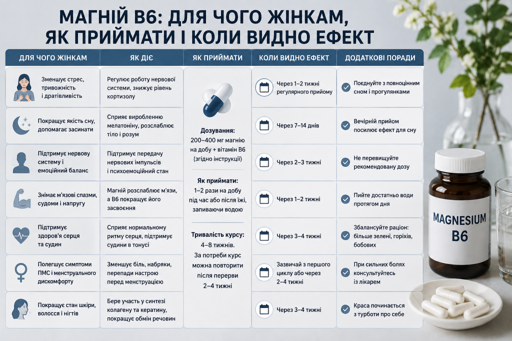 Інфографіка про дію, дозування та особливості приймання магнію B6 жінками