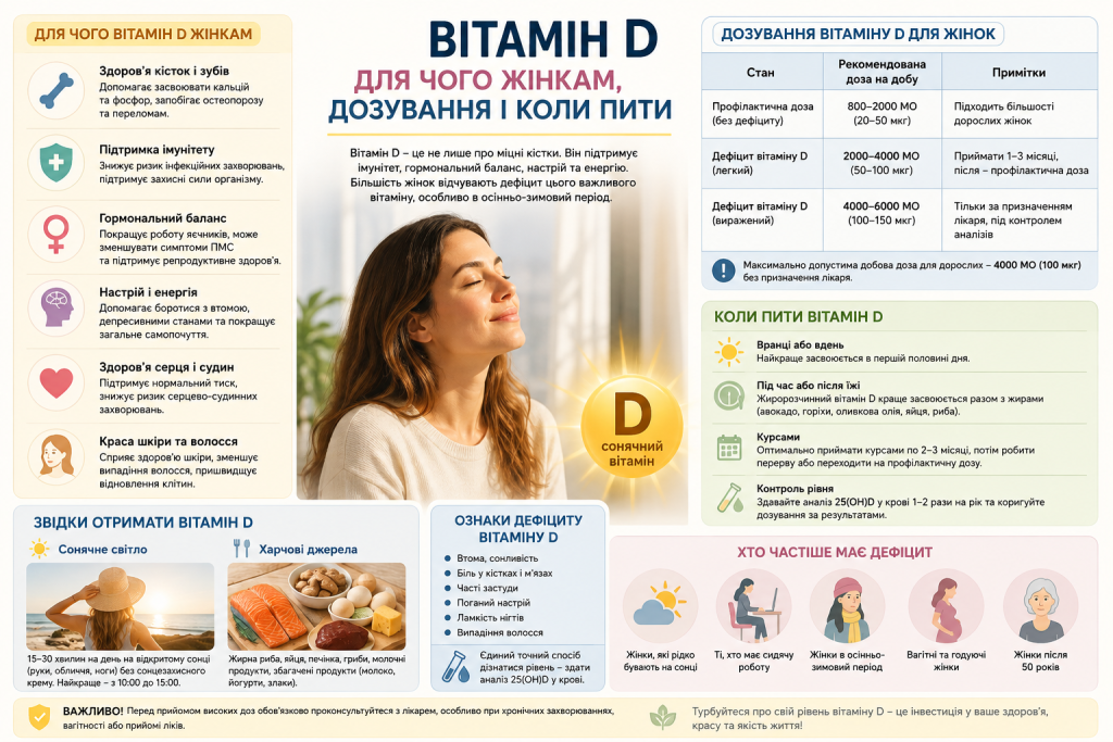Інфографіка про користь вітаміну D для жінок, рекомендоване дозування, ознаки дефіциту та правила приймання