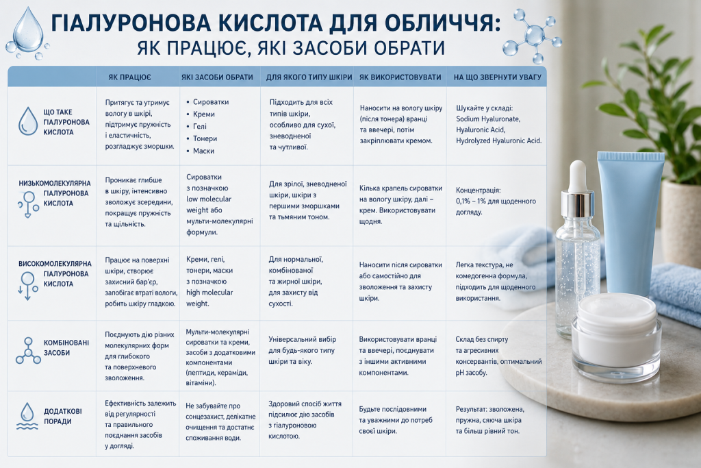 Інфографіка про види гіалуронової кислоти та вибір засобів для догляду за обличчям
