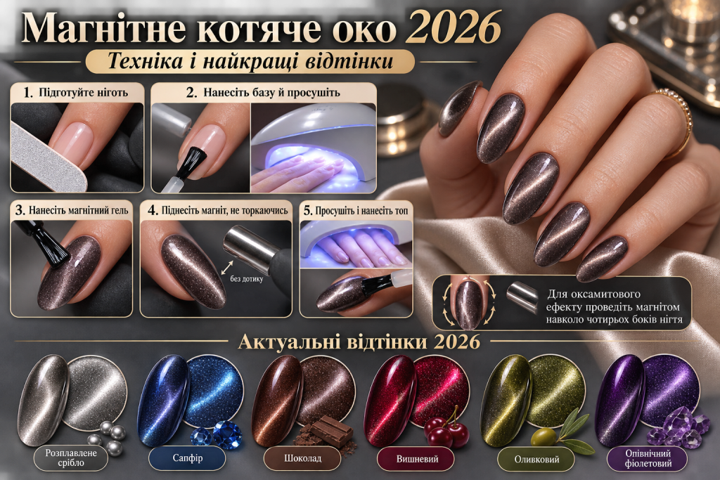 Інфографіка про техніку створення магнітного манікюру «котяче око», необхідні матеріали та популярні кольори