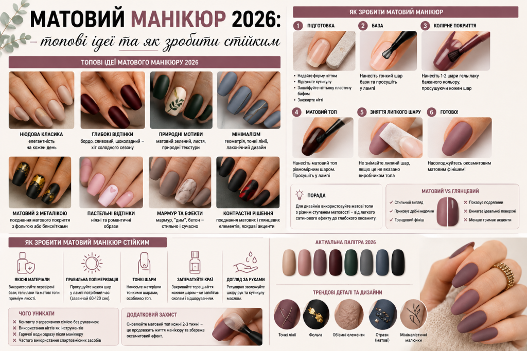 Інфографіка з ідеями матового манікюру, актуальними кольорами, дизайнами та покроковою технікою нанесення