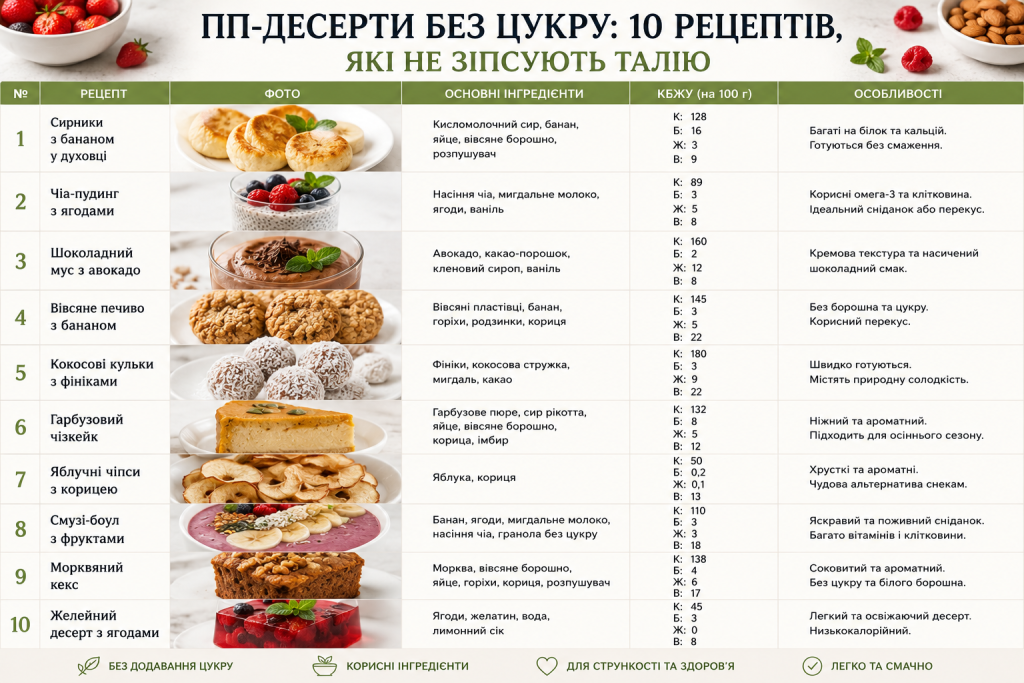 Таблиця з десятьма рецептами десертів без доданого цукру, їхніми інгредієнтами та харчовою цінністю
