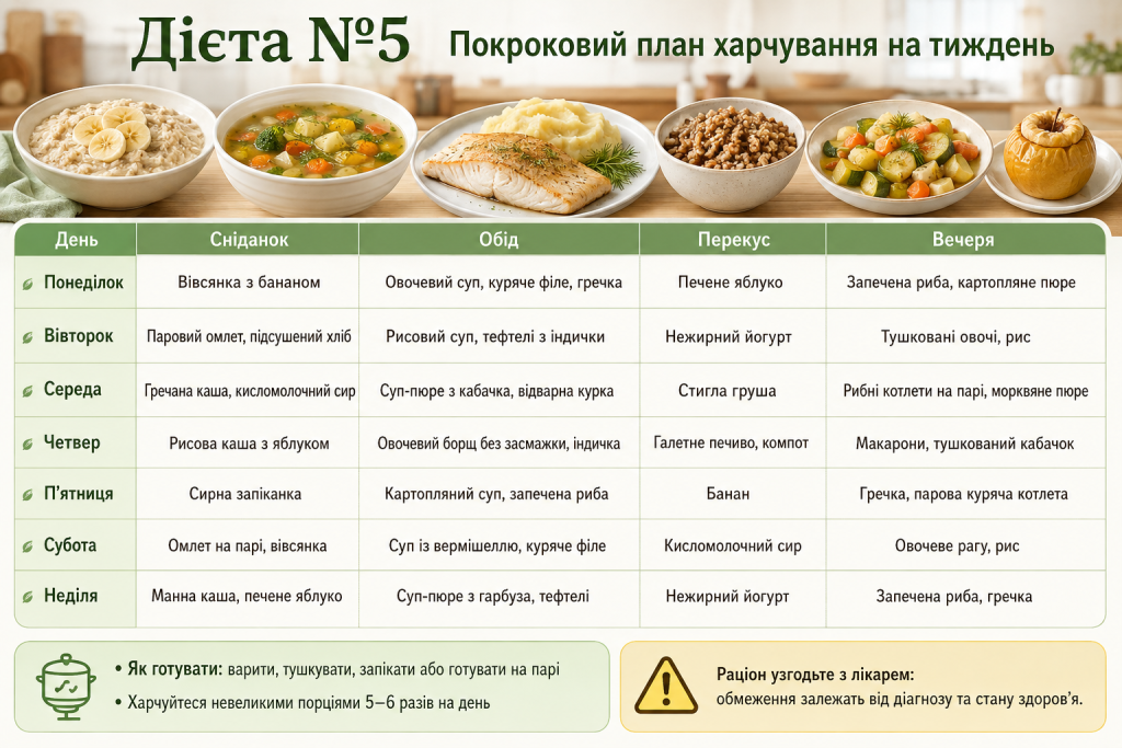 Інфографіка про правила дієти №5, дозволені й заборонені продукти та рекомендований режим харчування