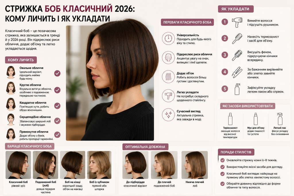 Інфографіка про класичну стрижку боб, відповідні форми обличчя, варіанти довжини та способи укладання